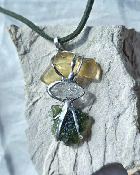 Moldavite, Libyan Desert Glass & Herkimer Pendant, 1.50g, Chlum