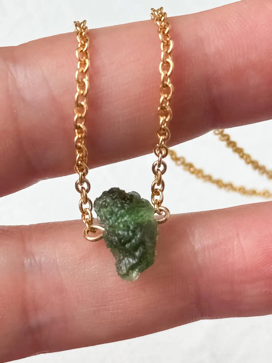 Raw Moldavite Necklace, Chlum, 0.8g, Gold Plated Chain