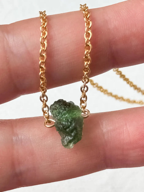 Raw Moldavite Necklace, Chlum, 0.8g, Gold Plated Chain