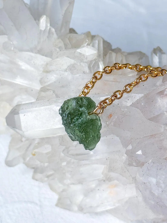 Raw Moldavite Necklace, Chlum, 0.8g, Gold Plated Chain