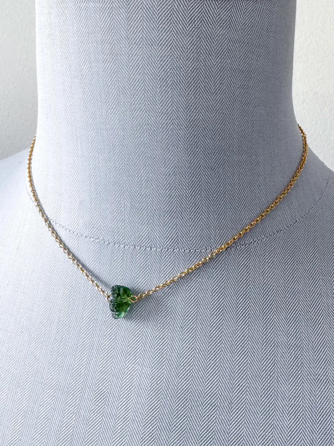 Raw Moldavite Necklace, Chlum, 0.8g, Gold Plated Chain