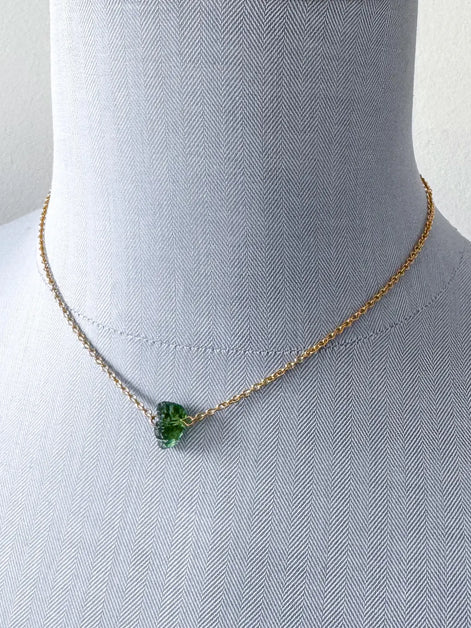 Raw Moldavite Necklace, Chlum, 0.8g, Gold Plated Chain