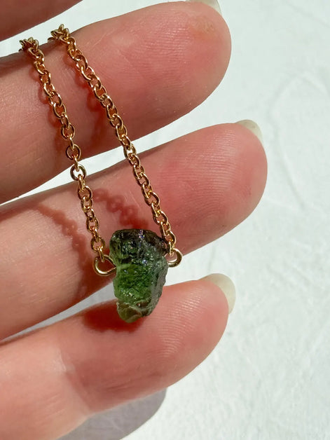 Raw Moldavite Necklace, Chlum, 0.8g, Gold Plated Chain