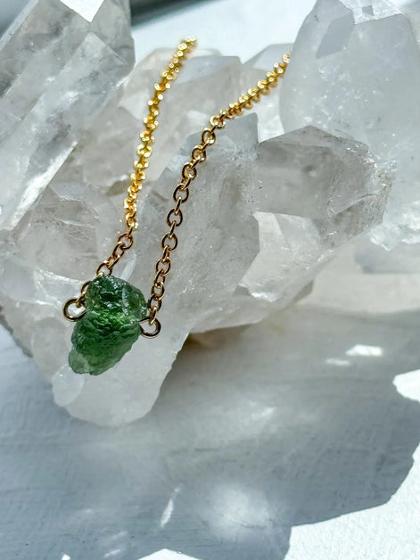 Raw Moldavite Necklace, Chlum, 0.8g, Gold Plated Chain