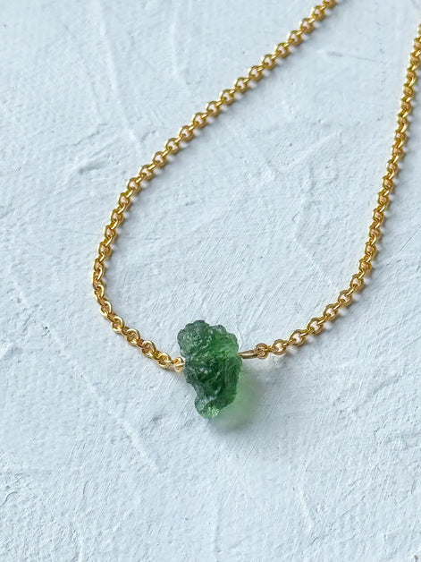 Raw Moldavite Necklace, Chlum, 0.8g, Gold Plated Chain
