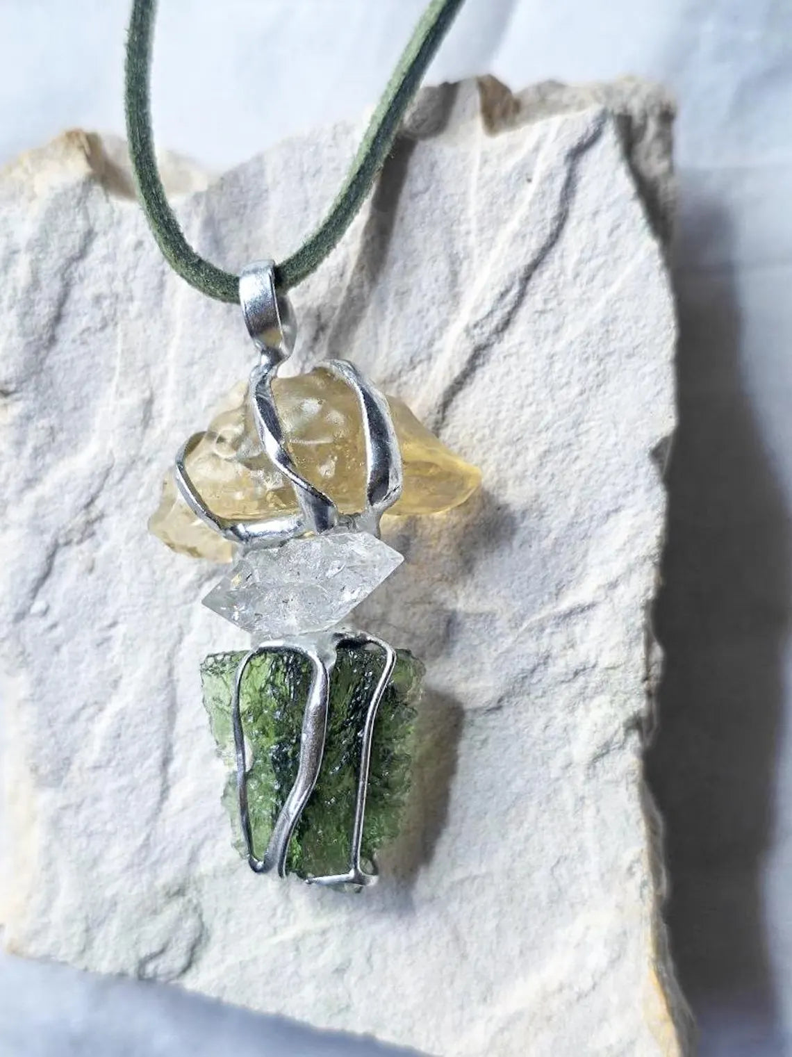 Moldavite, Libyan Desert Glass & Herkimer Pendant, 1.50g, Chlum