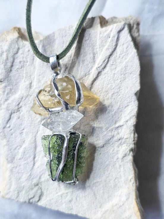 Moldavite, Libyan Desert Glass & Herkimer Pendant, 1.50g, Chlum