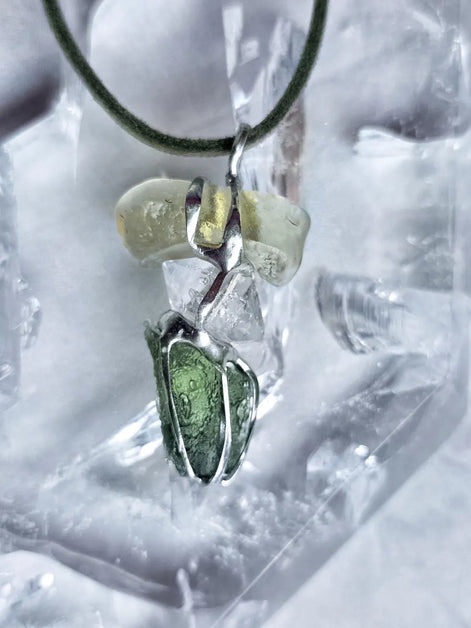 Moldavite, Libyan Desert Glass & Herkimer Pendant, 1.50g, Chlum