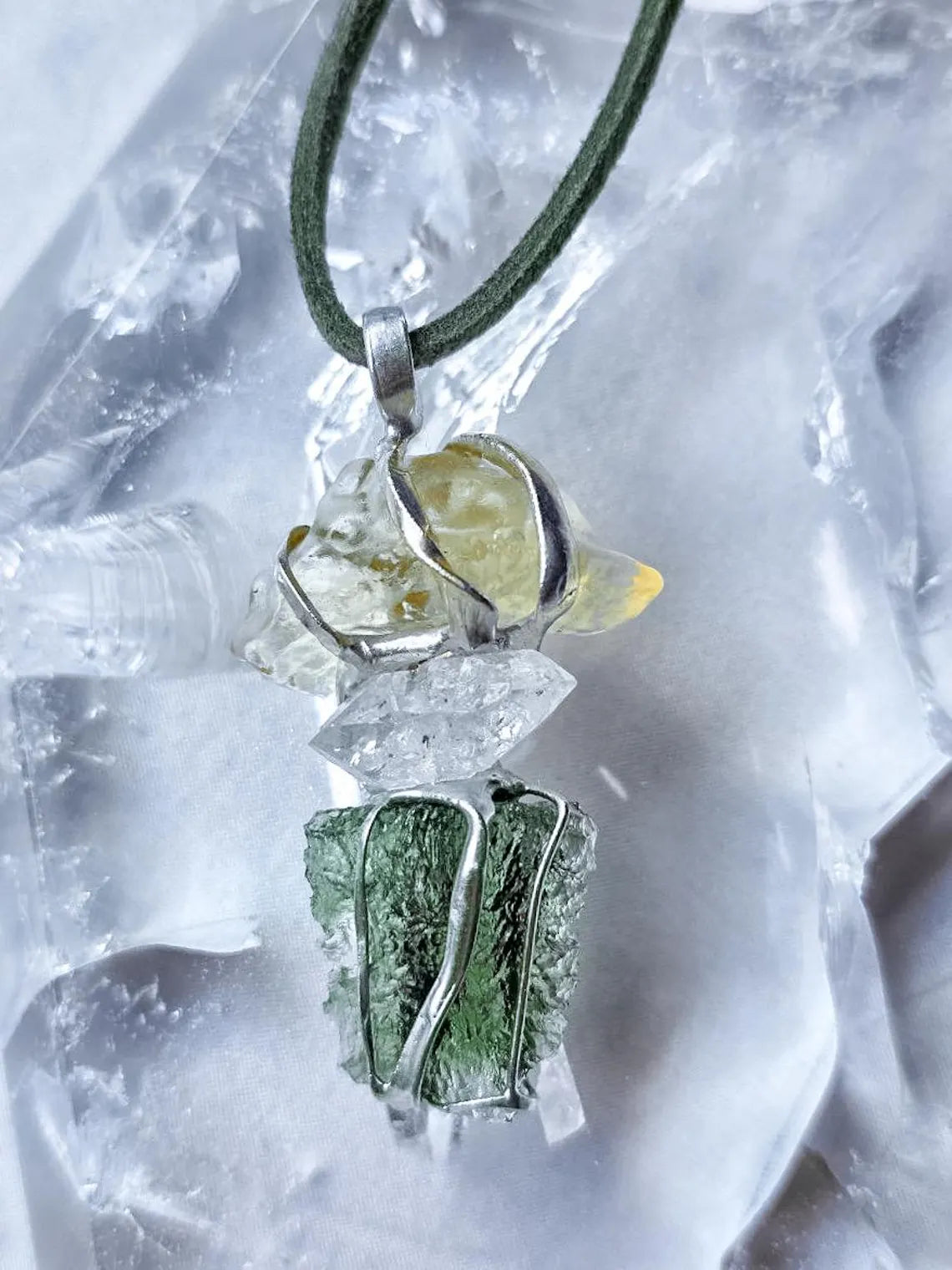 Moldavite, Libyan Desert Glass & Herkimer Pendant, 1.50g, Chlum