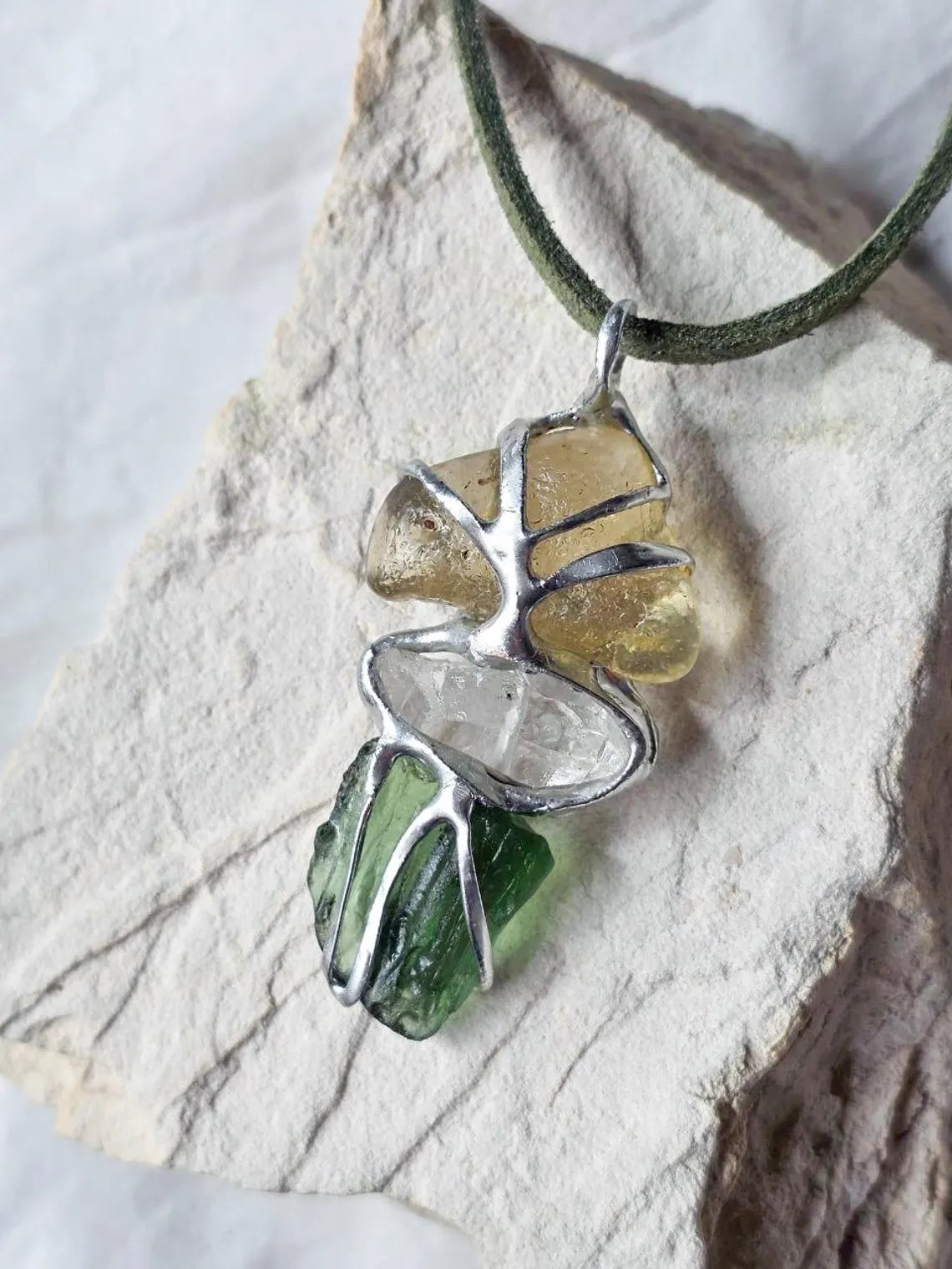 Moldavite, Libyan Desert Glass & Herkimer Pendant, 1.50g, Chlum
