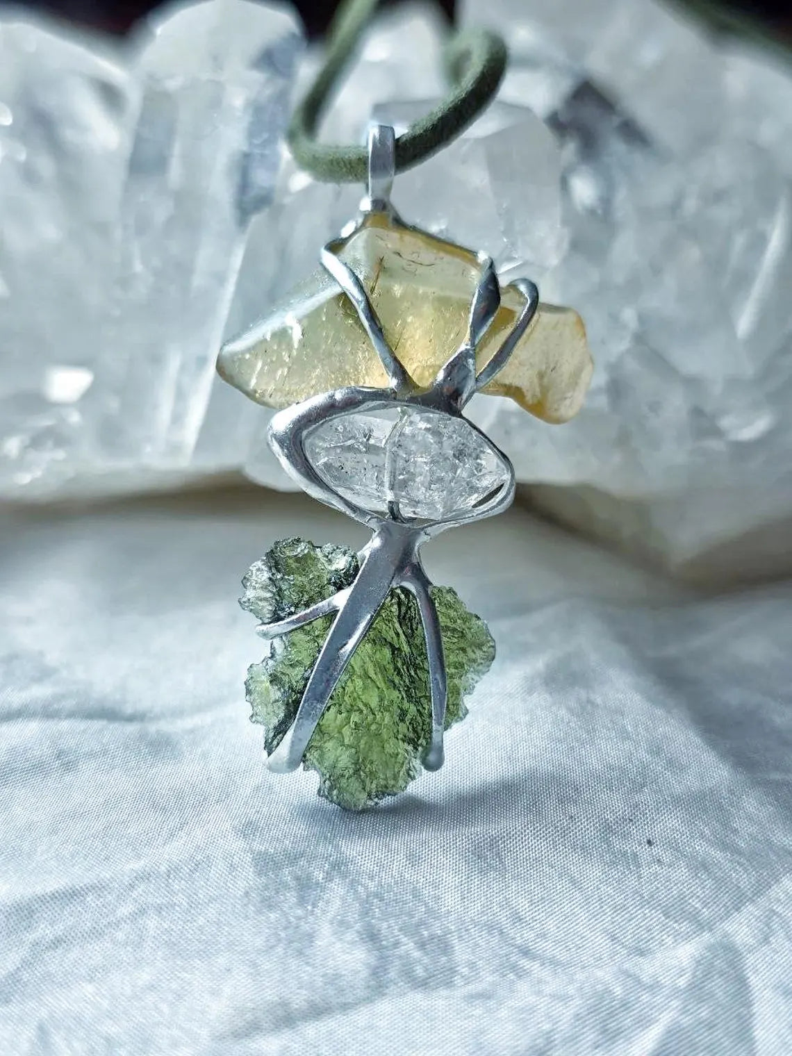 Moldavite, Libyan Desert Glass & Herkimer Pendant, 1.50g, Chlum