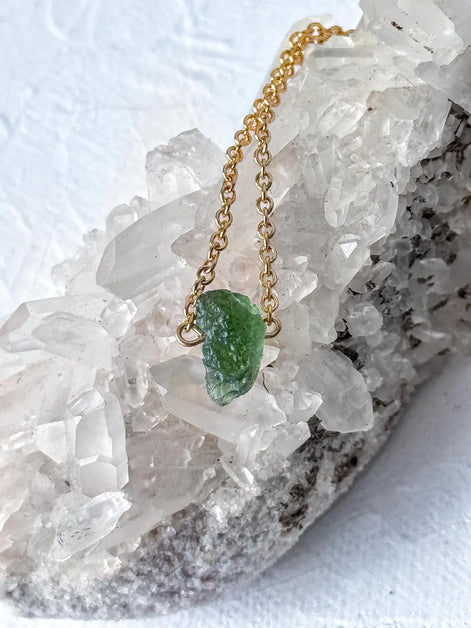 Raw Moldavite Necklace, Chlum, 0.8g, Gold Plated Chain