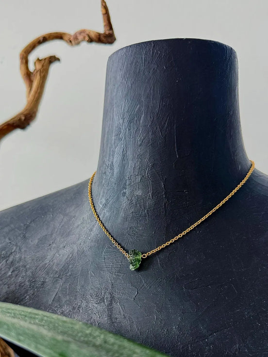 Raw Moldavite Necklace, Chlum, 0.8g, Gold Plated Chain