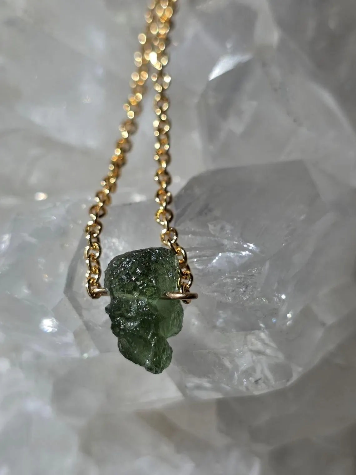 Raw Moldavite Necklace, Chlum, 0.8g, Gold Plated Chain