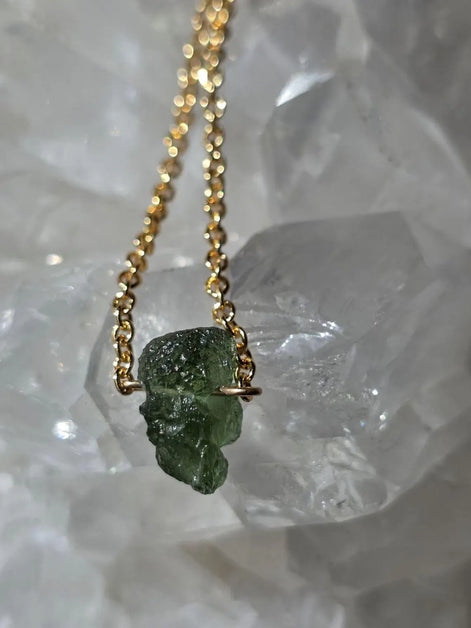 Raw Moldavite Necklace, Chlum, 0.8g, Gold Plated Chain