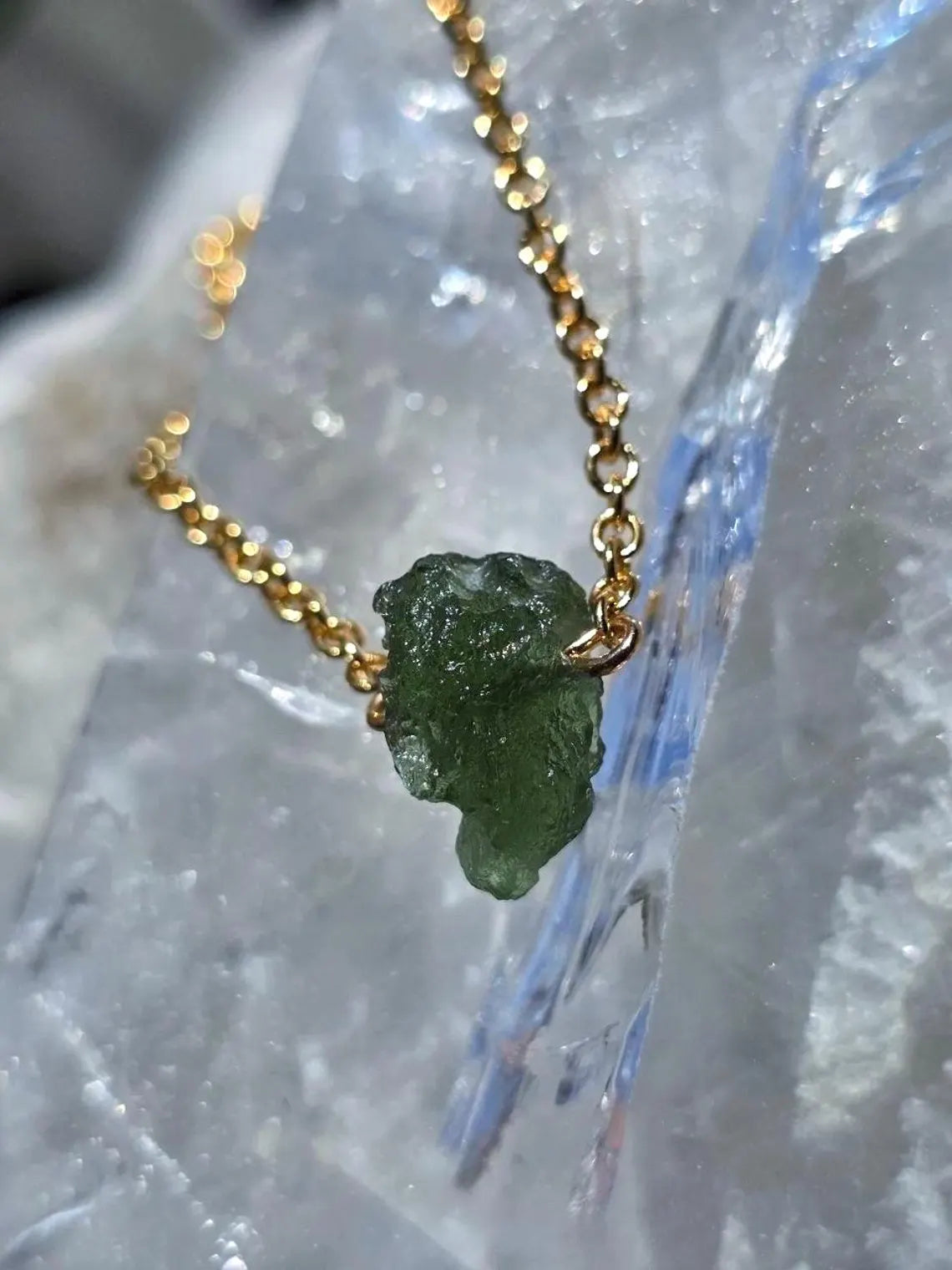 Raw Moldavite Necklace, Chlum, 0.8g, Gold Plated Chain