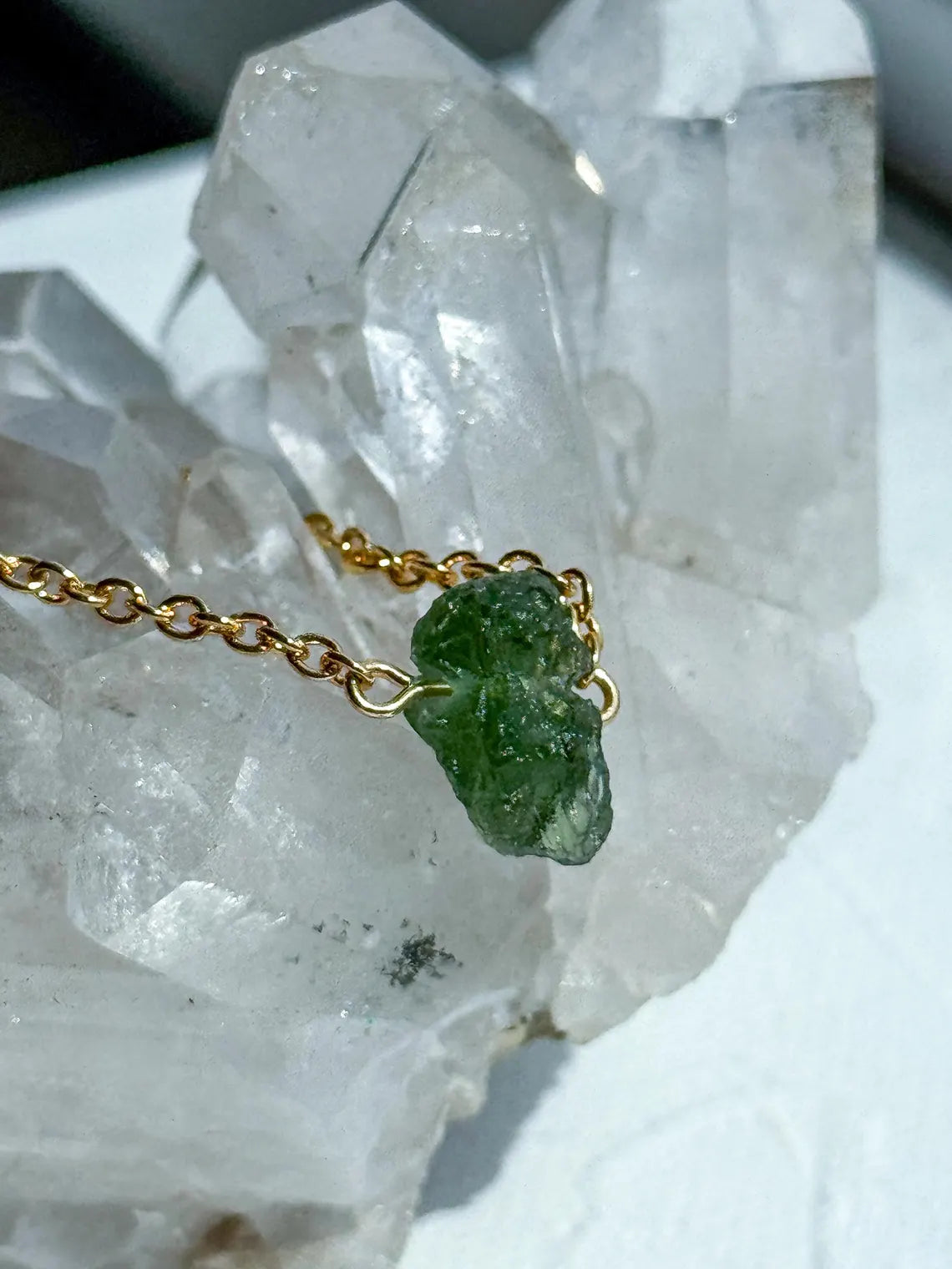 Raw Moldavite Necklace, Chlum, 0.8g, Gold Plated Chain