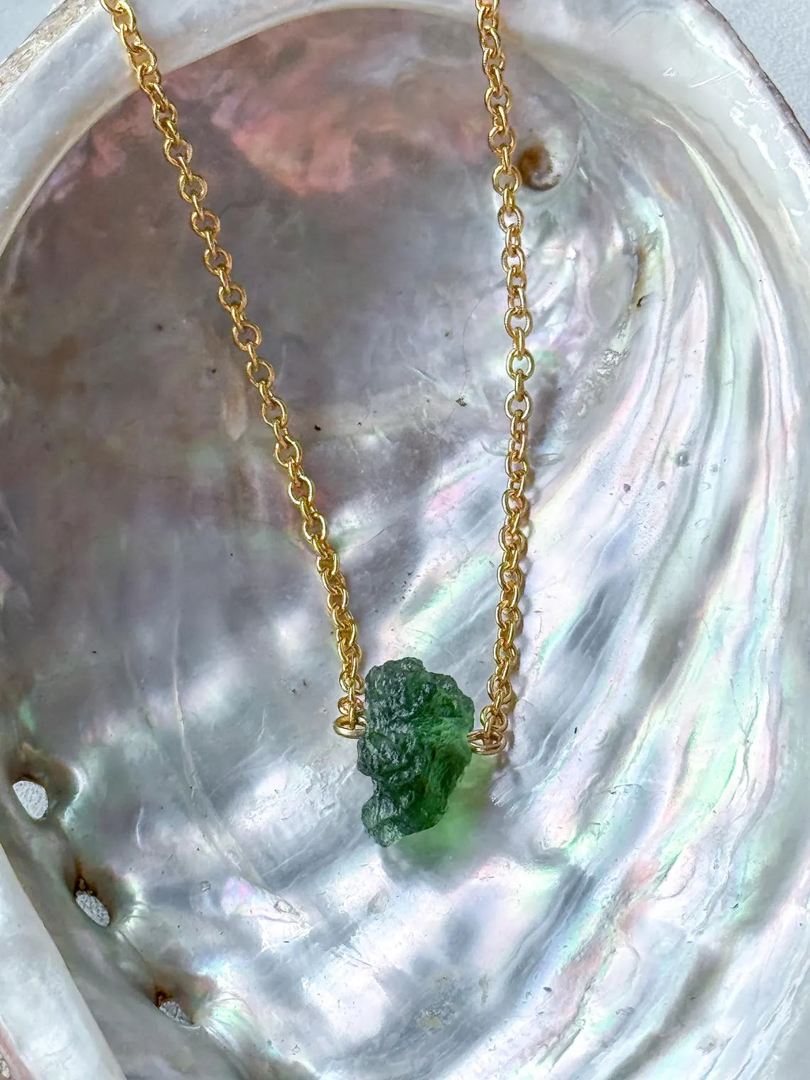 Raw Moldavite Necklace, Chlum, 0.8g, Gold Plated Chain