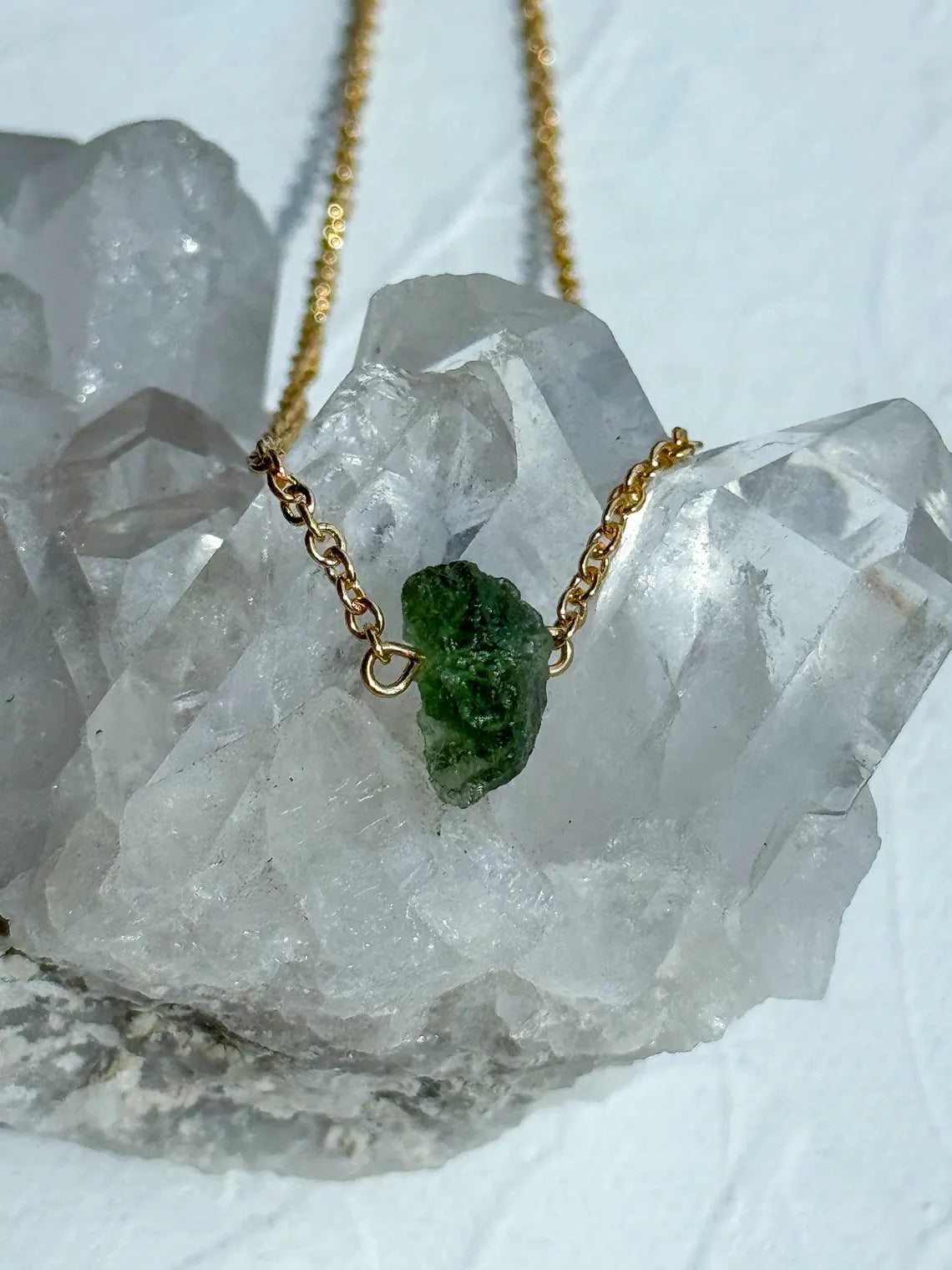 Raw Moldavite Necklace, Chlum, 0.8g, Gold Plated Chain