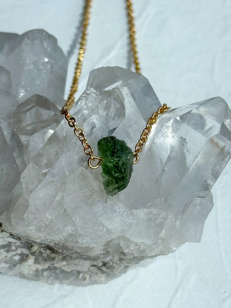 Raw Moldavite Necklace, Chlum, 0.8g, Gold Plated Chain