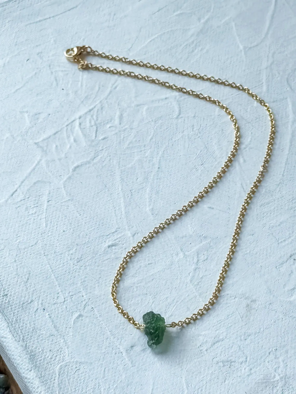 Raw Moldavite Necklace, Chlum, 0.8g, Gold Plated Chain