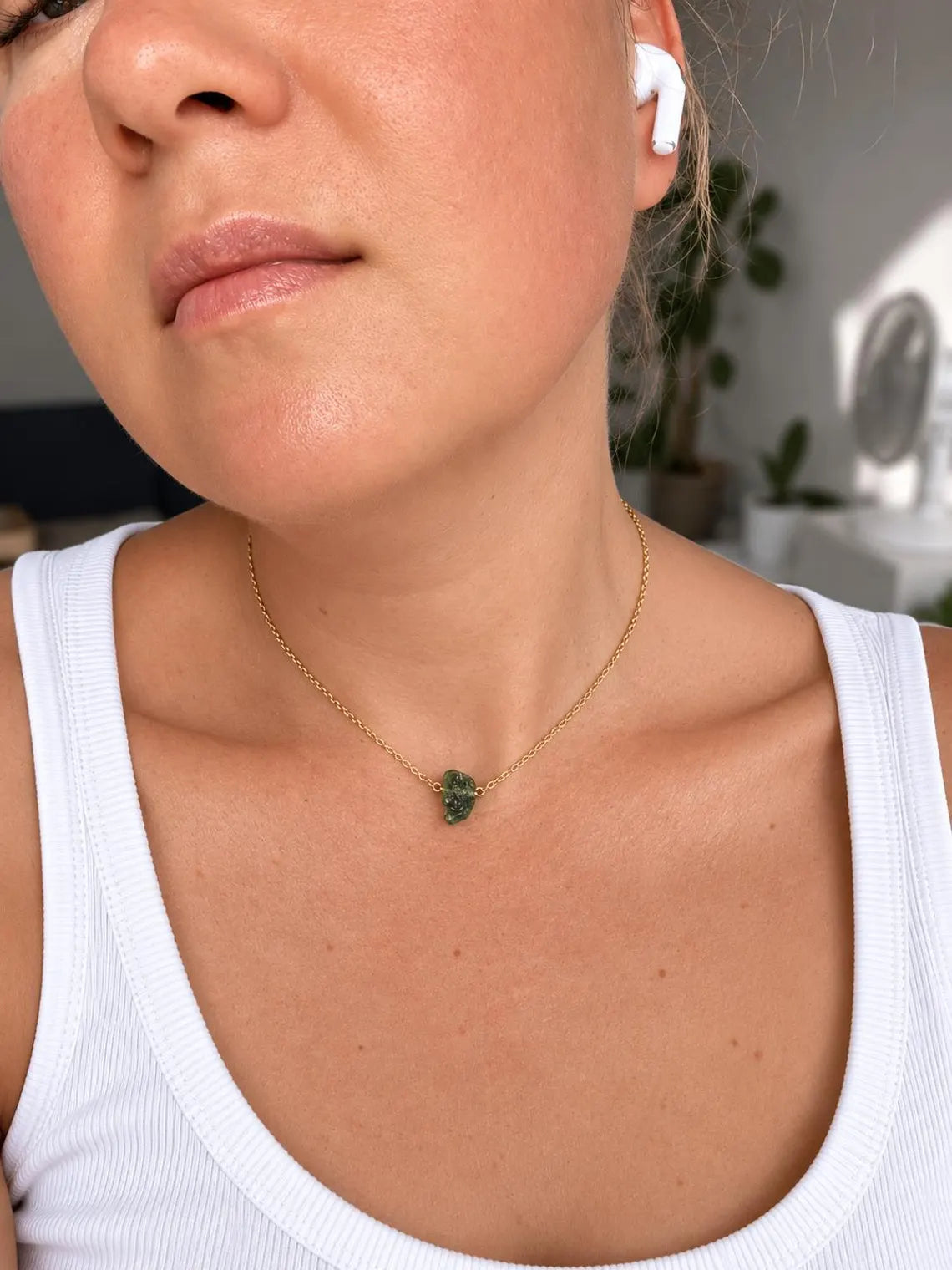 Raw Moldavite Necklace, Chlum, 0.8g, Gold Plated Chain