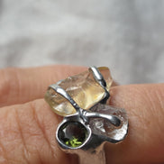 Moldavite, Libyan Desert Glass & Herkimer Diamond Ring, Chlum, 0.08g