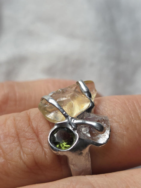 Moldavite, Libyan Desert Glass & Herkimer Diamond Ring, Chlum, 0.08g
