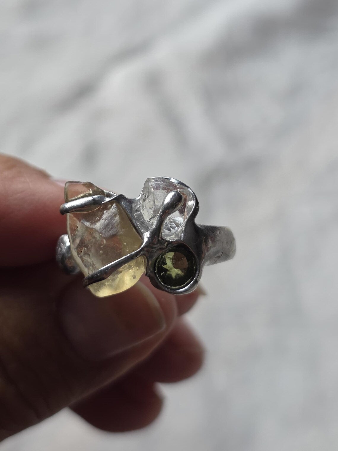 Moldavite, Libyan Desert Glass & Herkimer Diamond Ring, Chlum, 0.08g