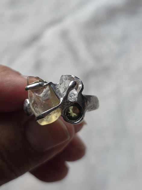 Moldavite, Libyan Desert Glass & Herkimer Diamond Ring, Chlum, 0.08g