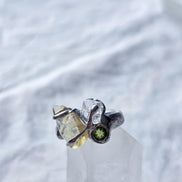 Moldavite, Libyan Desert Glass & Herkimer Diamond Ring, Chlum, 0.08g