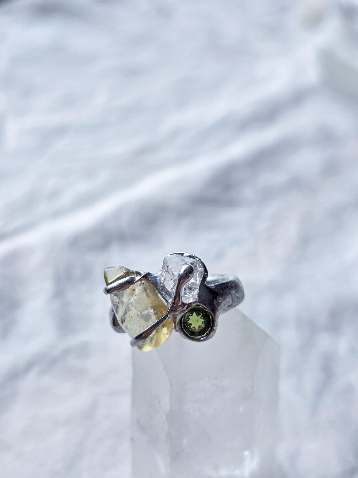 Moldavite, Libyan Desert Glass & Herkimer Diamond Ring, Chlum, 0.08g