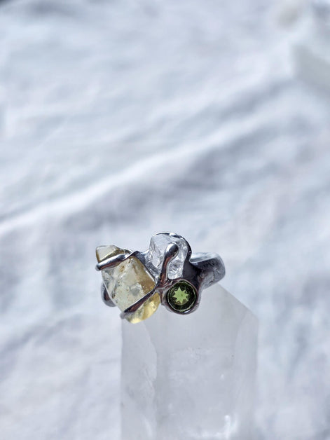 Moldavite, Libyan Desert Glass & Herkimer Diamond Ring, Chlum, 0.08g