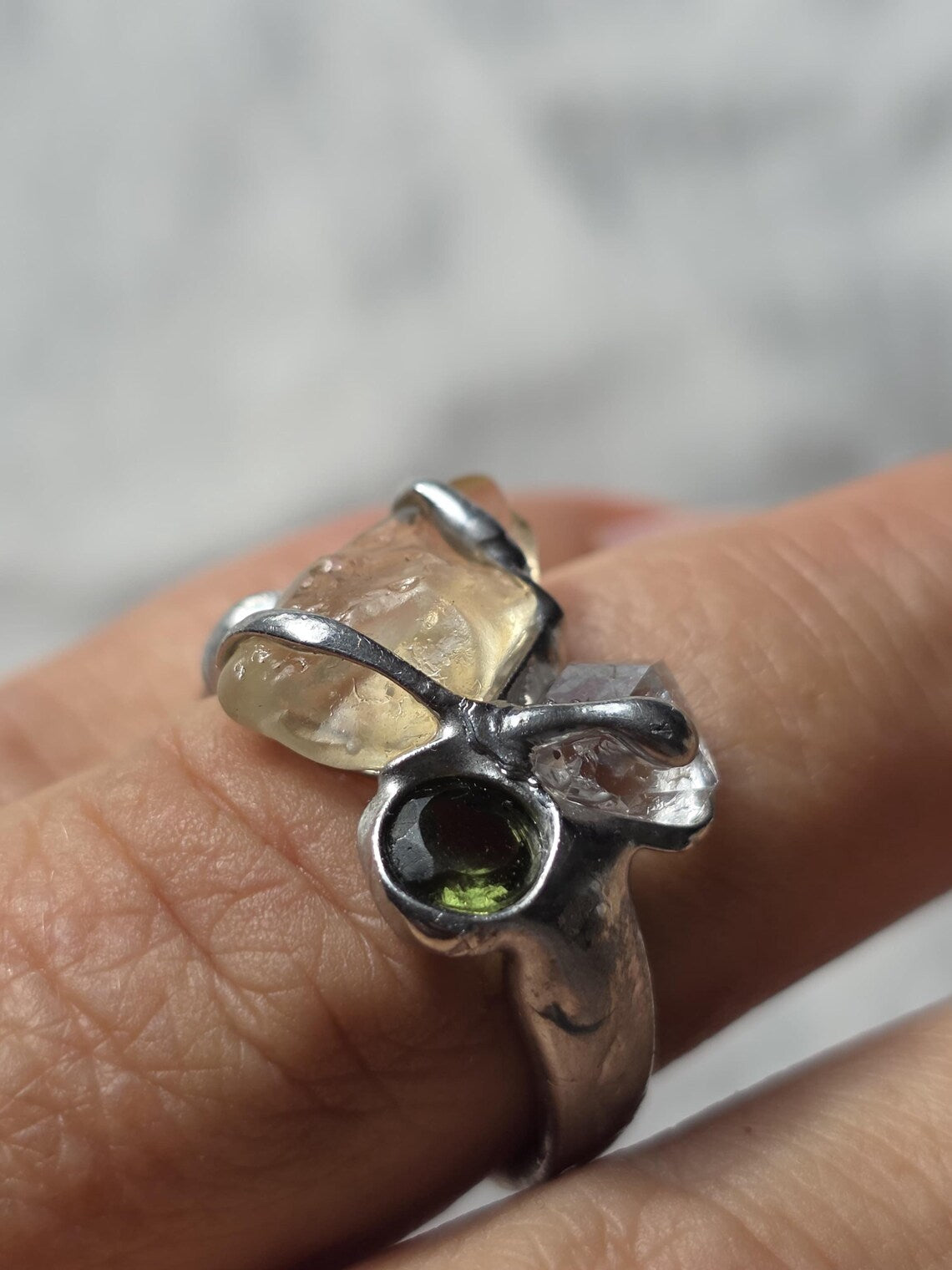 Moldavite, Libyan Desert Glass & Herkimer Diamond Ring, Chlum, 0.08g