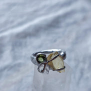 Moldavite, Libyan Desert Glass & Herkimer Diamond Ring, Chlum, 0.08g
