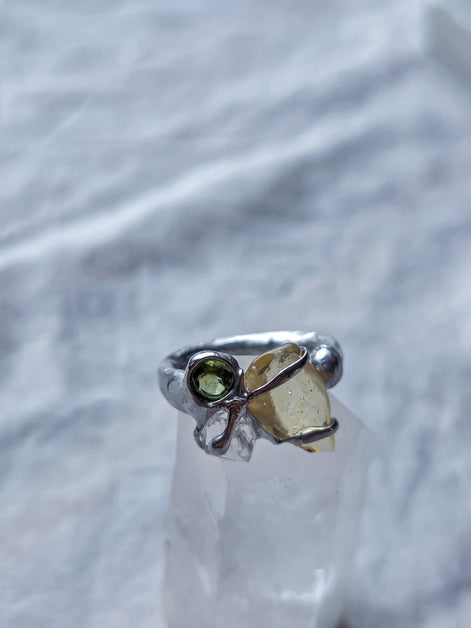 Moldavite, Libyan Desert Glass & Herkimer Diamond Ring, Chlum, 0.08g