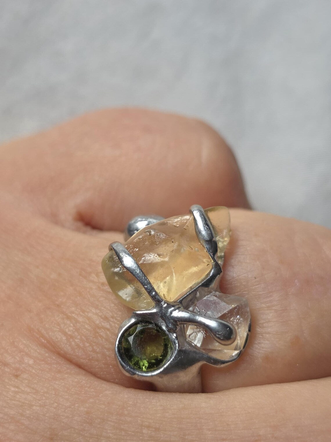Moldavite, Libyan Desert Glass & Herkimer Diamond Ring, Chlum, 0.08g