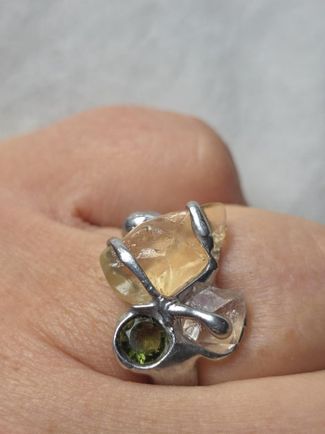 Moldavite, Libyan Desert Glass & Herkimer Diamond Ring, Chlum, 0.08g