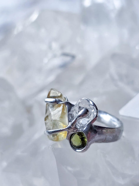 Moldavite, Libyan Desert Glass & Herkimer Diamond Ring, Chlum, 0.08g