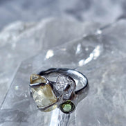 Moldavite, Libyan Desert Glass & Herkimer Diamond Ring, Chlum, 0.08g