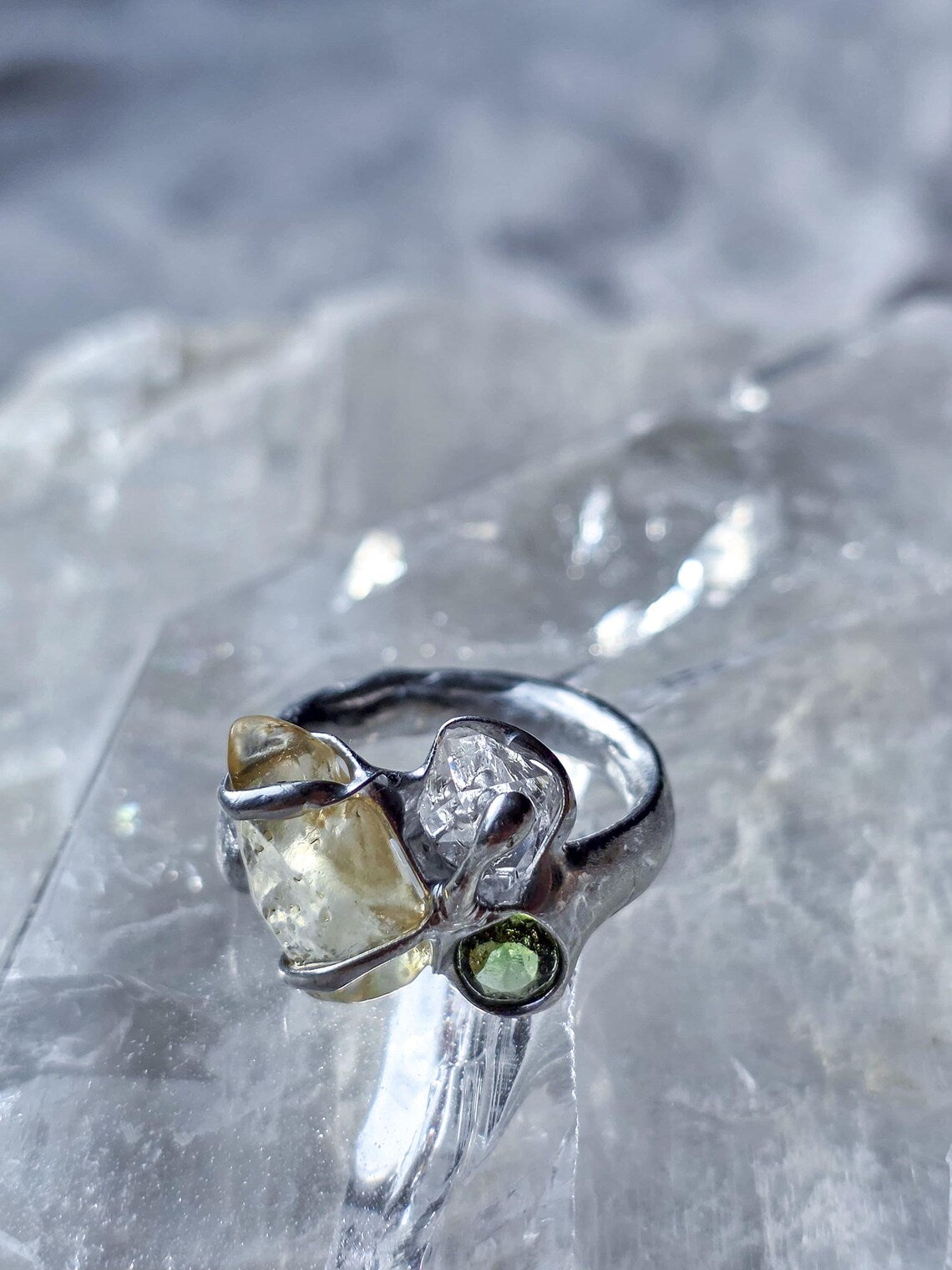 Moldavite, Libyan Desert Glass & Herkimer Diamond Ring, Chlum, 0.08g