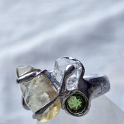 Moldavite, Libyan Desert Glass & Herkimer Diamond Ring, Chlum, 0.08g