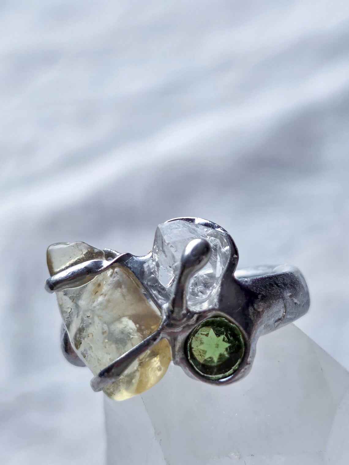 Moldavite, Libyan Desert Glass & Herkimer Diamond Ring, Chlum, 0.08g