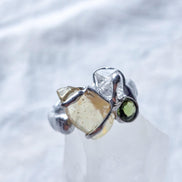 Moldavite, Libyan Desert Glass & Herkimer Diamond Ring, Chlum, 0.08g