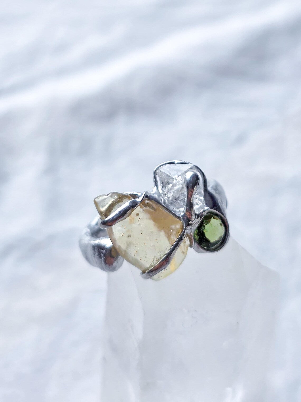 Moldavite, Libyan Desert Glass & Herkimer Diamond Ring, Chlum, 0.08g