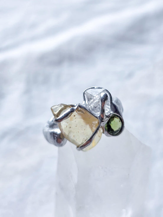Moldavite, Libyan Desert Glass & Herkimer Diamond Ring, Chlum, 0.08g