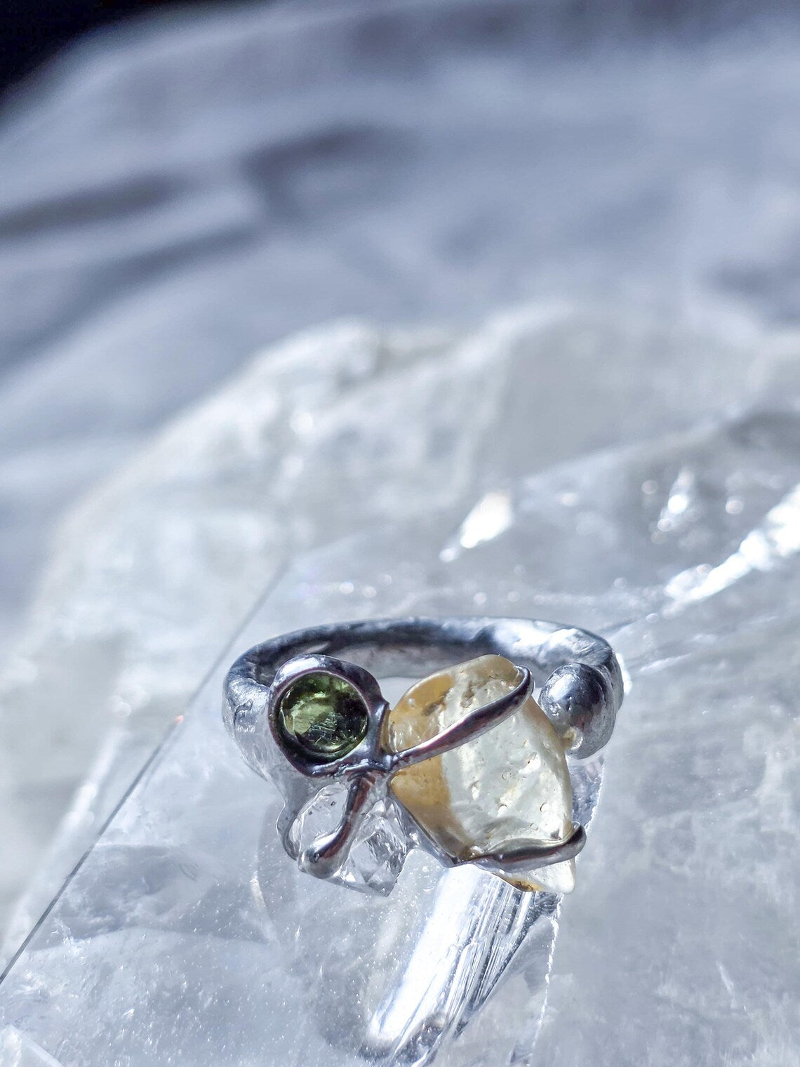 Moldavite, Libyan Desert Glass & Herkimer Diamond Ring, Chlum, 0.08g