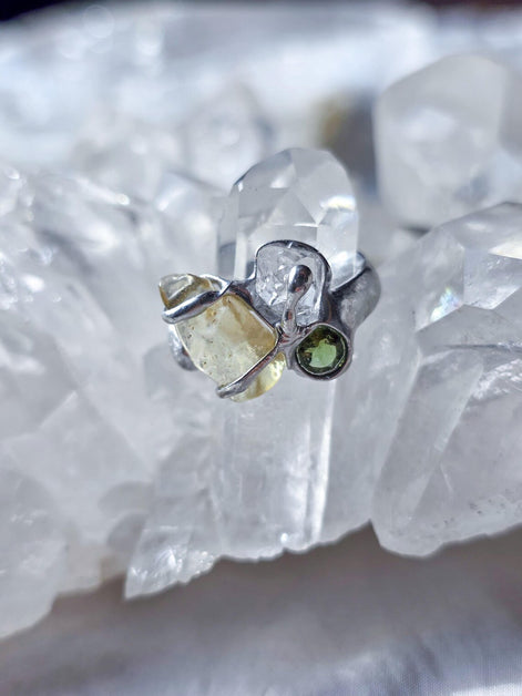Moldavite, Libyan Desert Glass & Herkimer Diamond Ring, Chlum, 0.08g