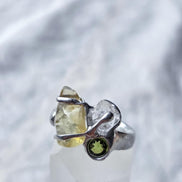 Moldavite, Libyan Desert Glass & Herkimer Diamond Ring, Chlum, 0.08g