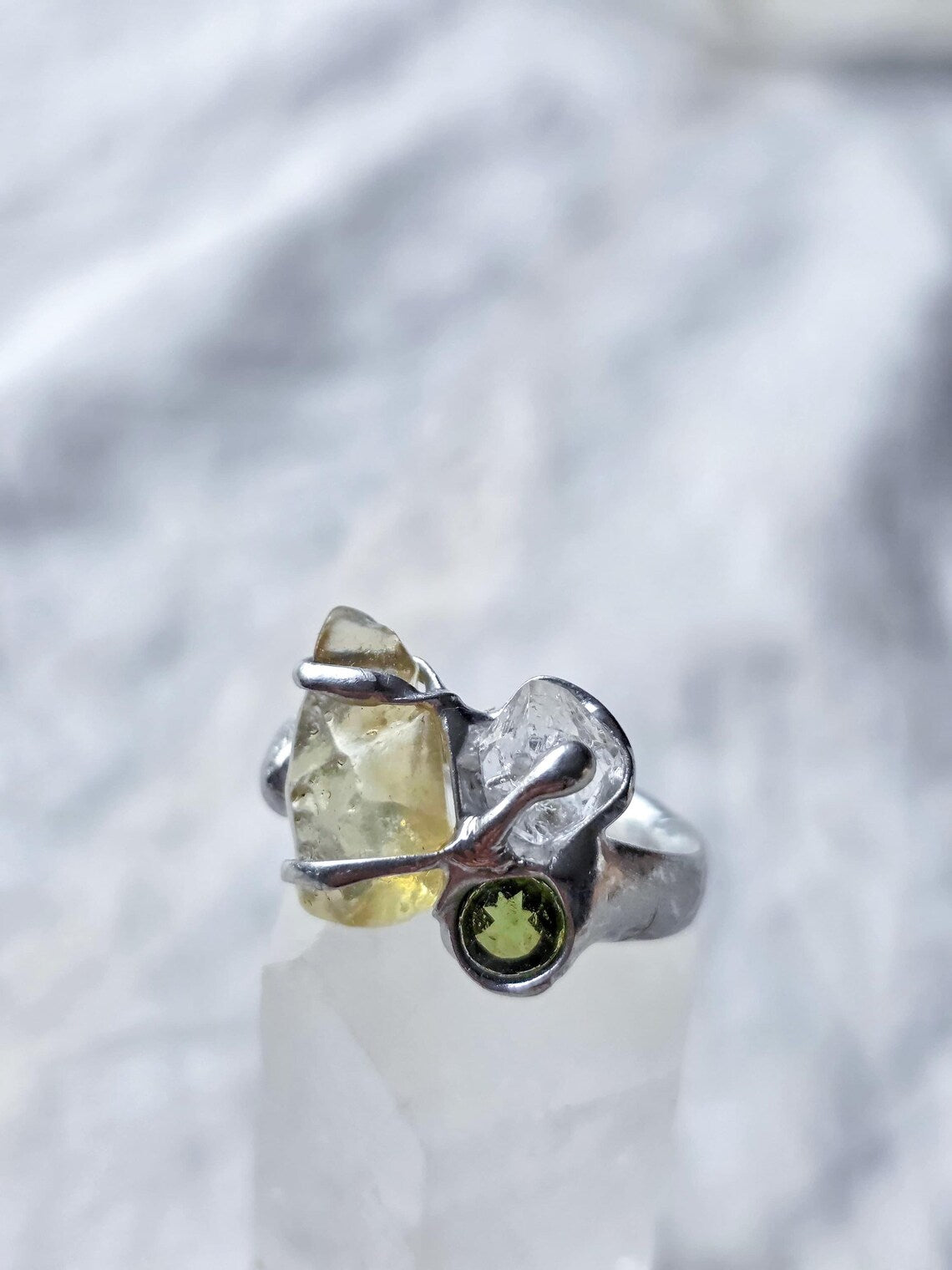 Moldavite, Libyan Desert Glass & Herkimer Diamond Ring, Chlum, 0.08g
